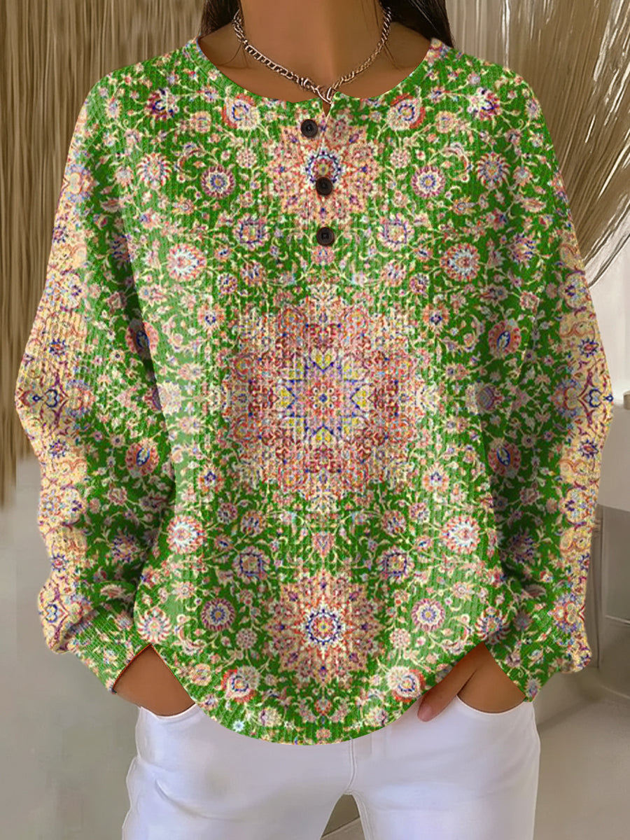 Women's Beautiful Ethnic Geometric Floral Art Print Casual Waffle Henry Collar Sweatshirt