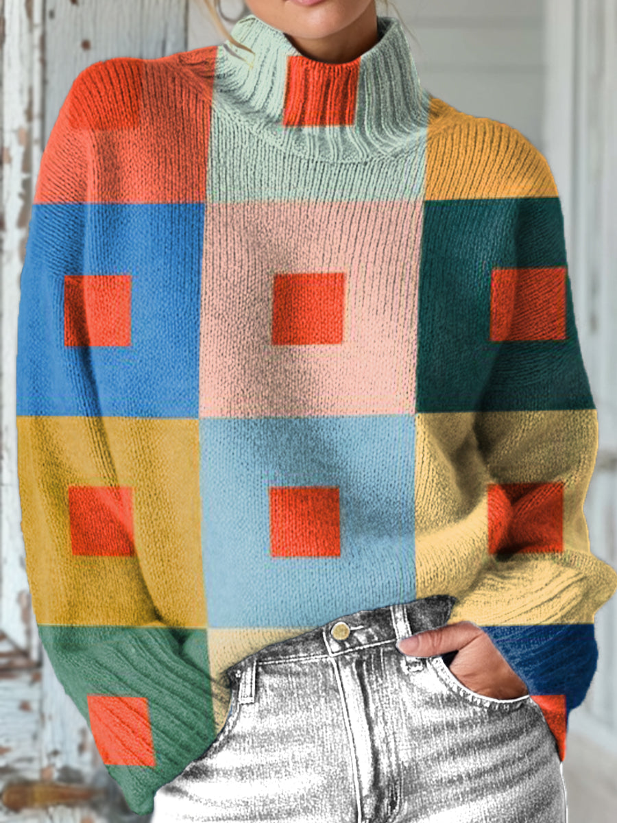 colorful-geometric-check-color-block-painting-art-print-knit-turtleneck-pullover-sweater