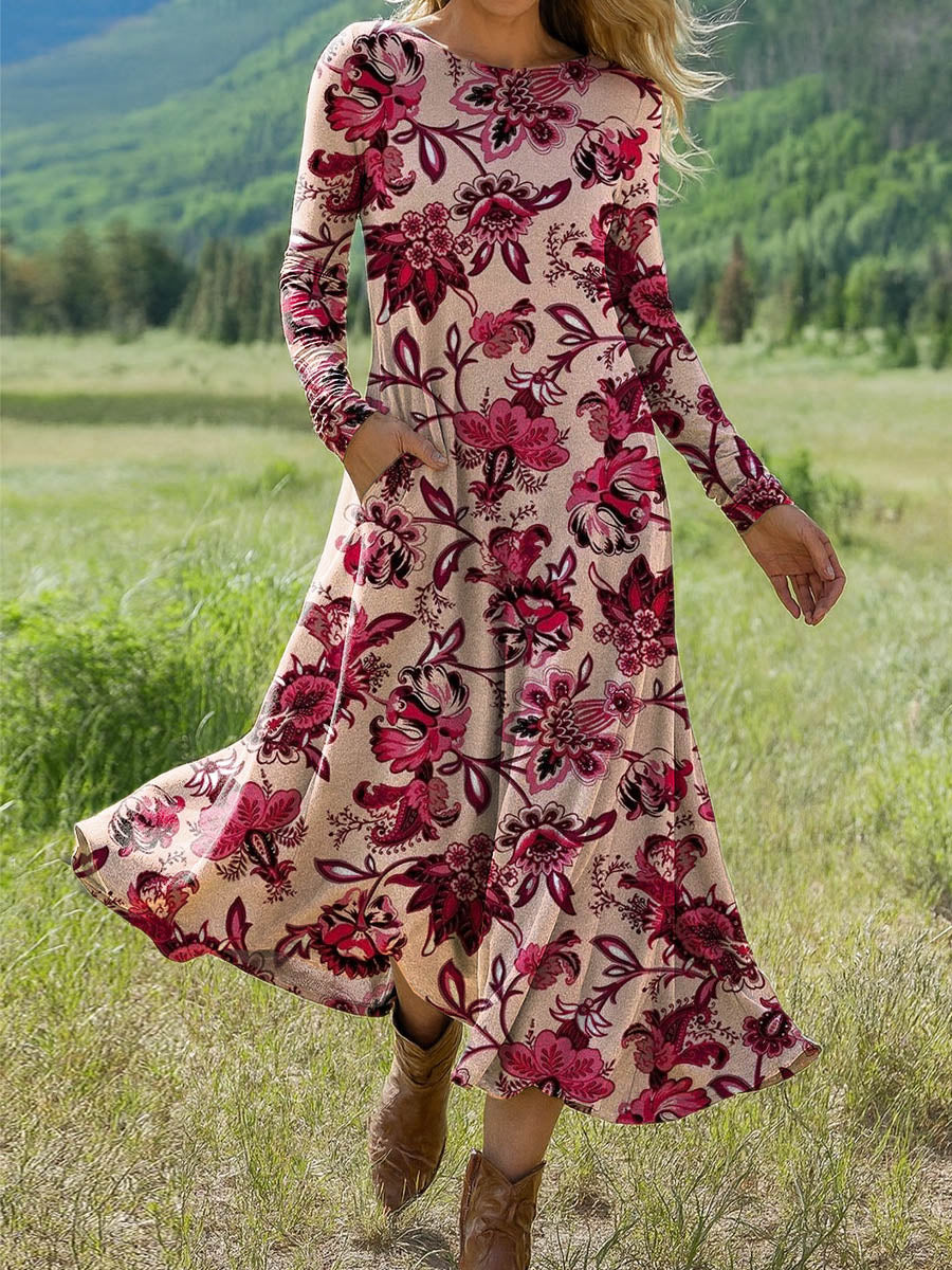 Women's Retro Floral Art Print Long-sleeved Dress