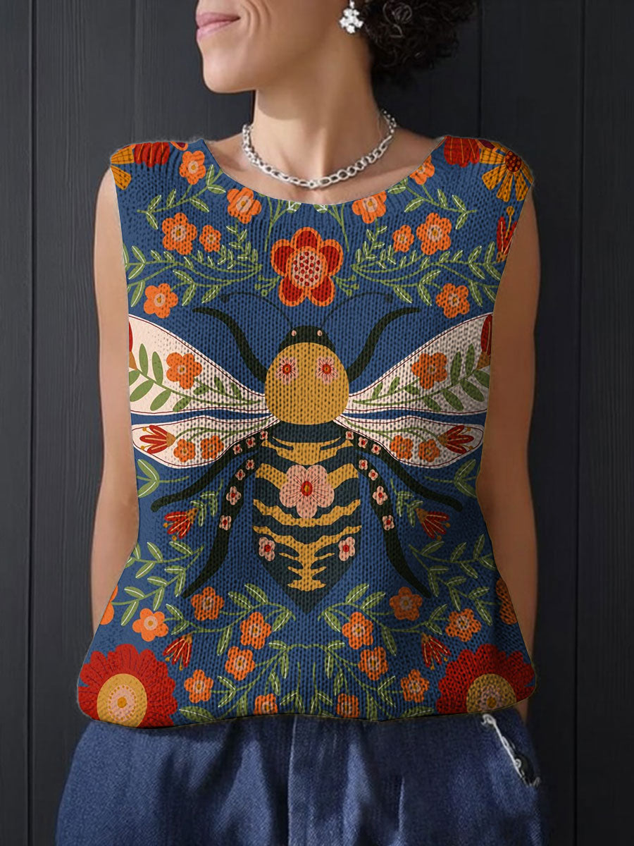 Women's Vintage Flower Bee Art Print Casual  Knitting Top
