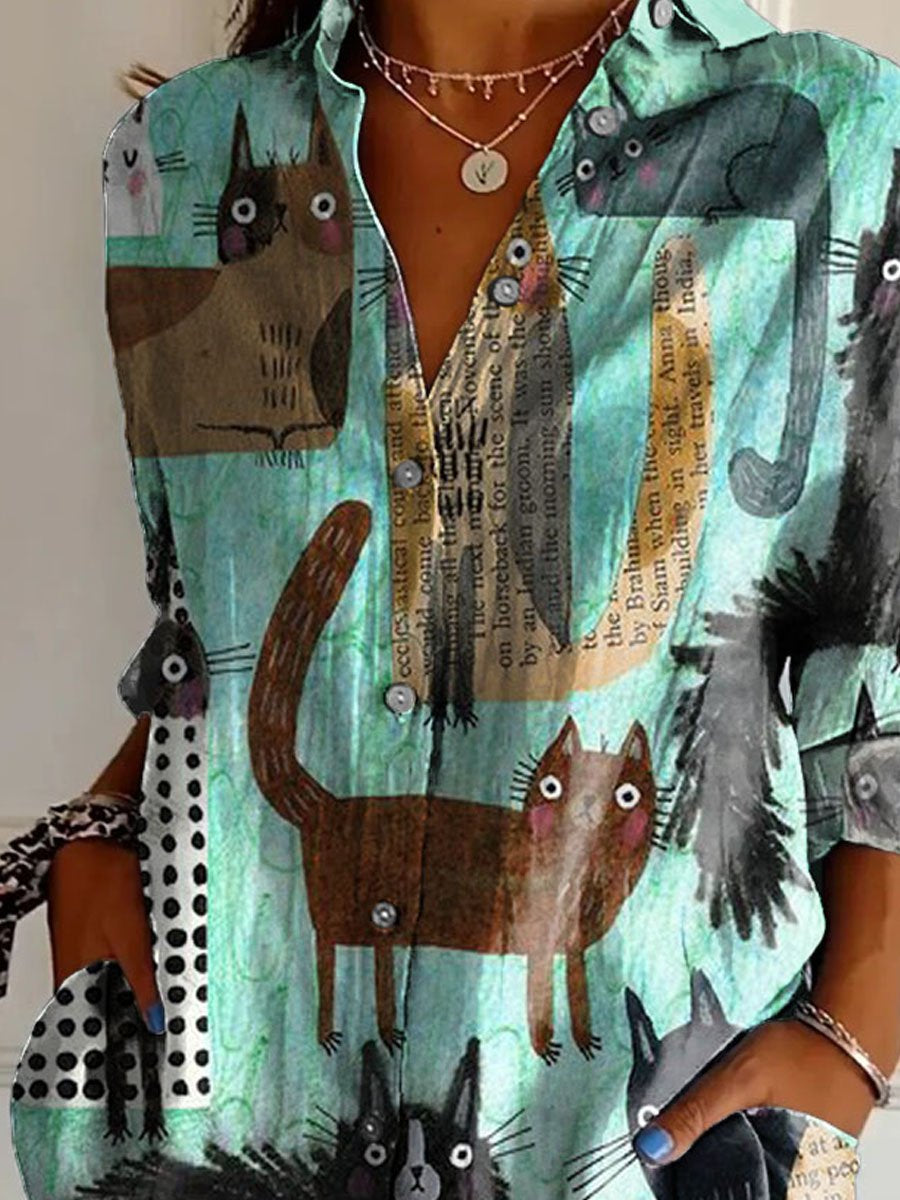 Women's Vintage Lovely Cats Art Print Casual Cotton Shirt