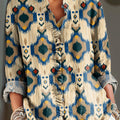 Women's Vintage Ethnic Rhombus Geometric Painting Art Print Casual Cotton And Linen Ruffle Shirt