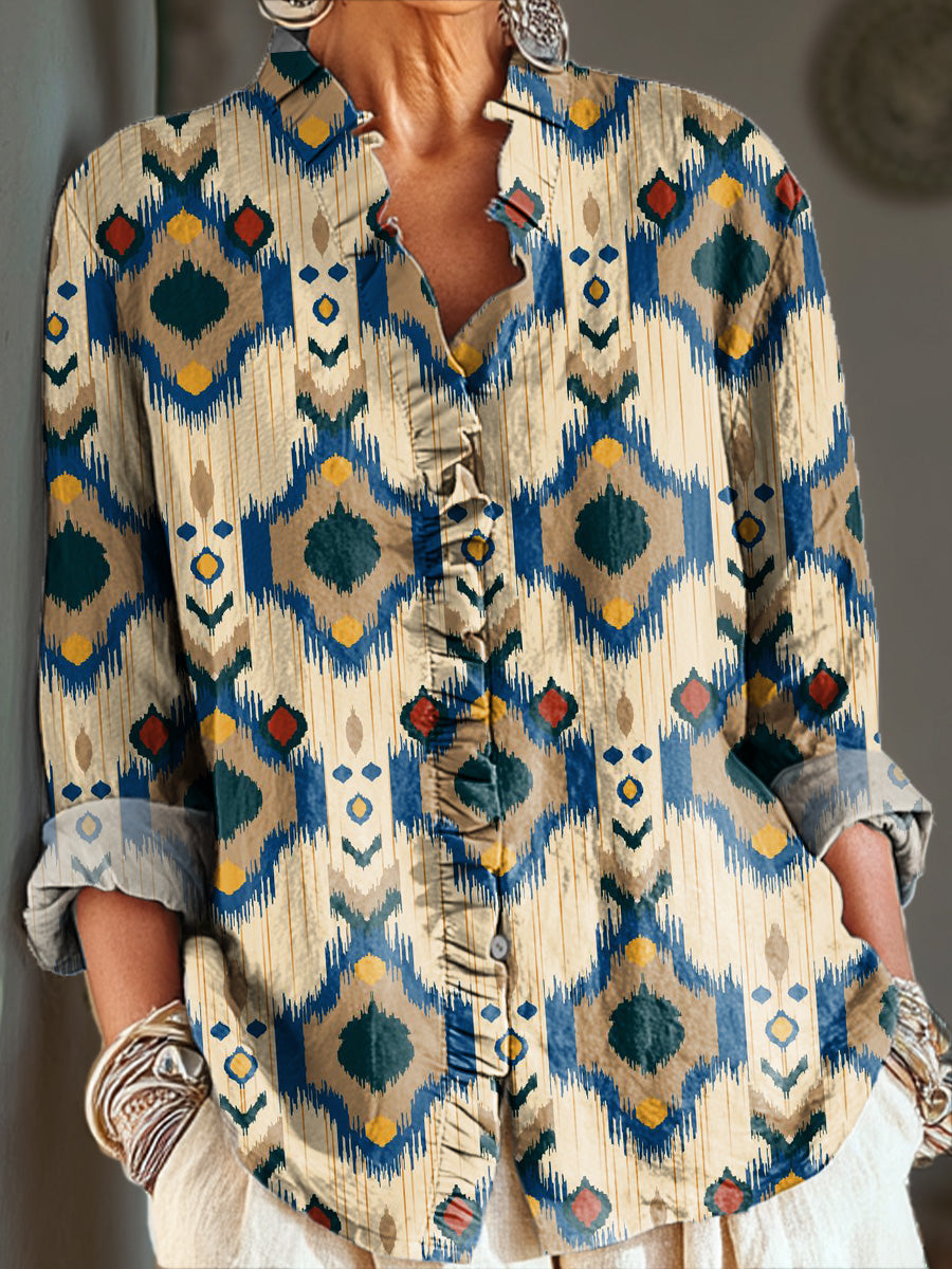 Women's Vintage Ethnic Rhombus Geometric Painting Art Print Casual Cotton And Linen Ruffle Shirt
