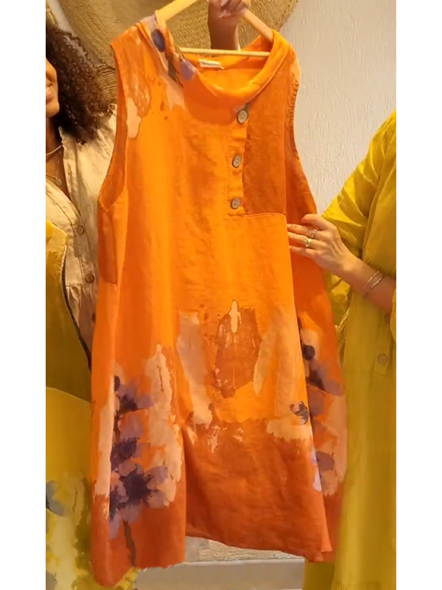 Women's Floral Printed Sleeveless Cotton and Linen Button Dress
