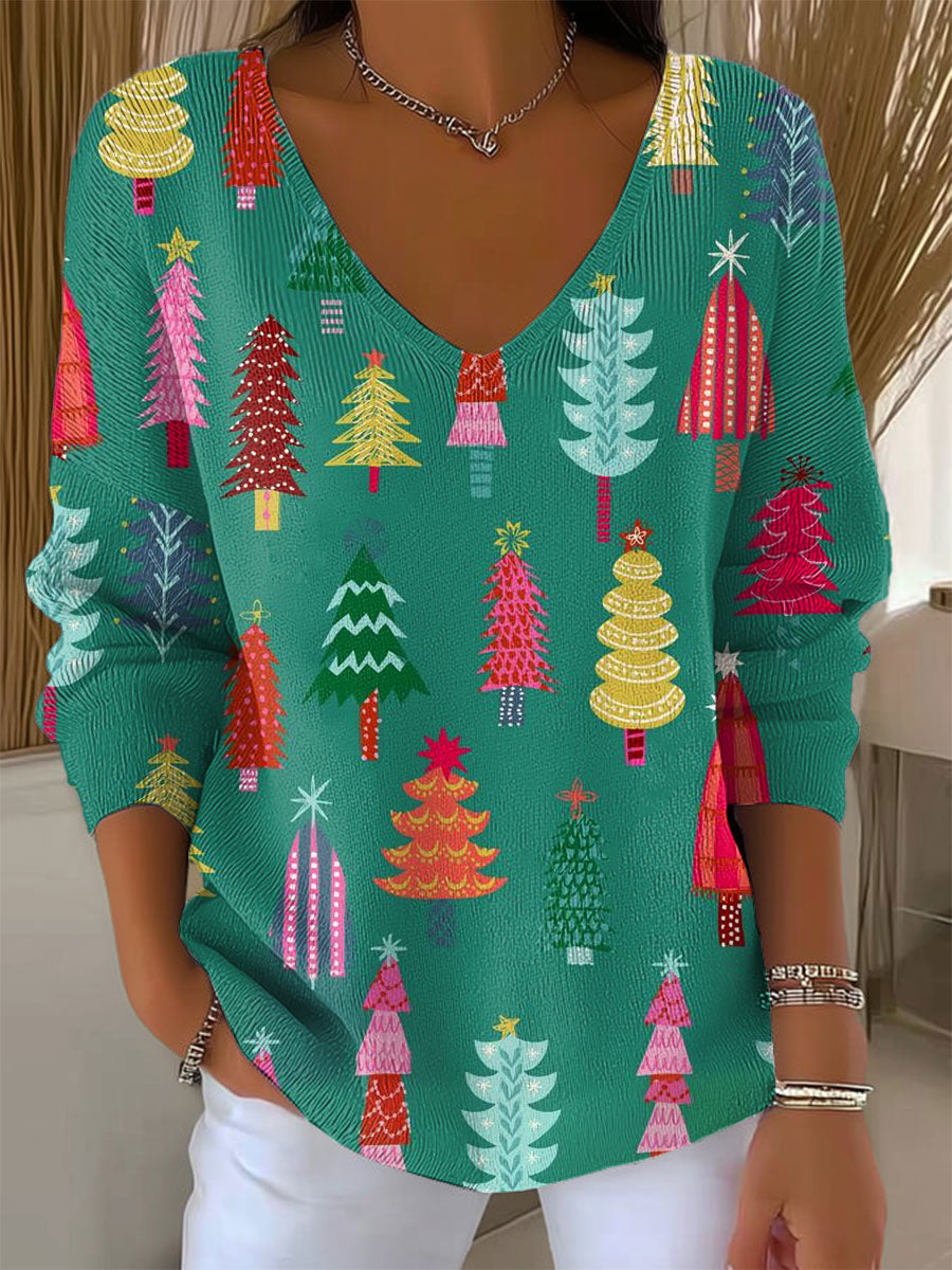 Women's Vintage Christmas Tree Art Print Casual Pullover Sweater