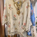 Women's Floral V-Neck 3/4 Sleeve Casual Cotton and Linen Hooded Shirt