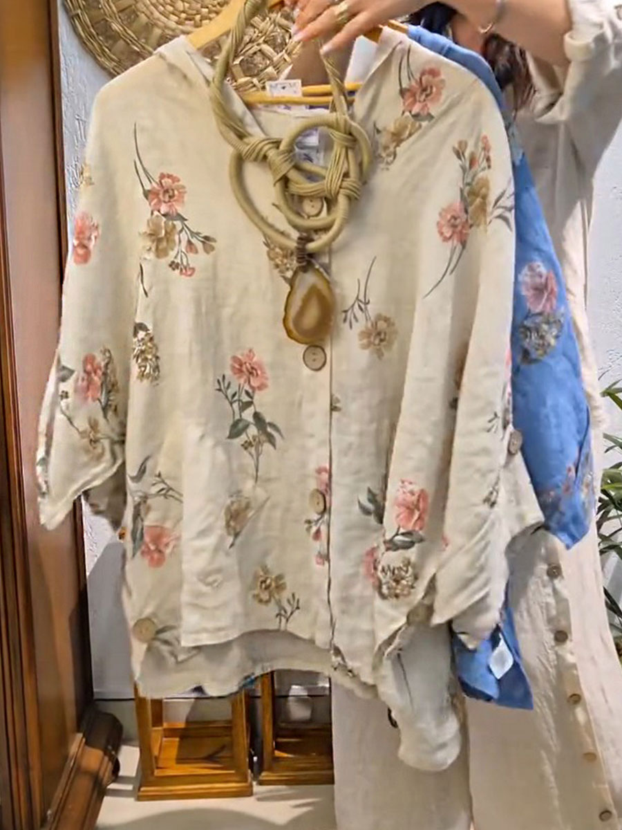 Women's Floral V-Neck 3/4 Sleeve Casual Cotton and Linen Hooded Shirt