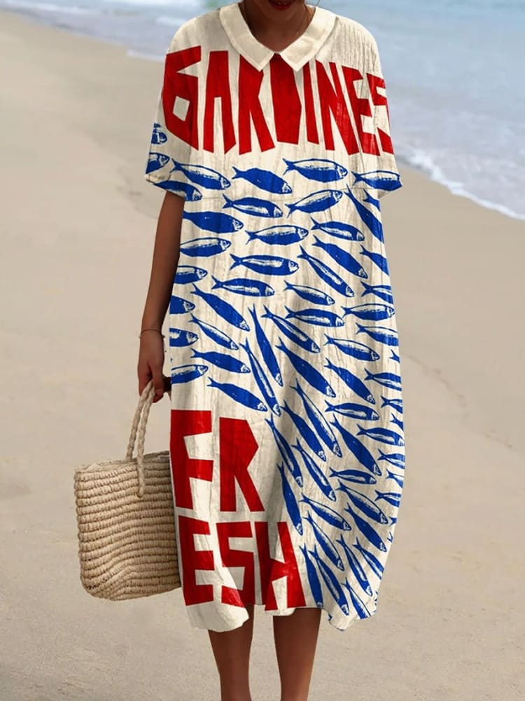 Women's Vintage Sardines Fish Art Print Flowy Dress