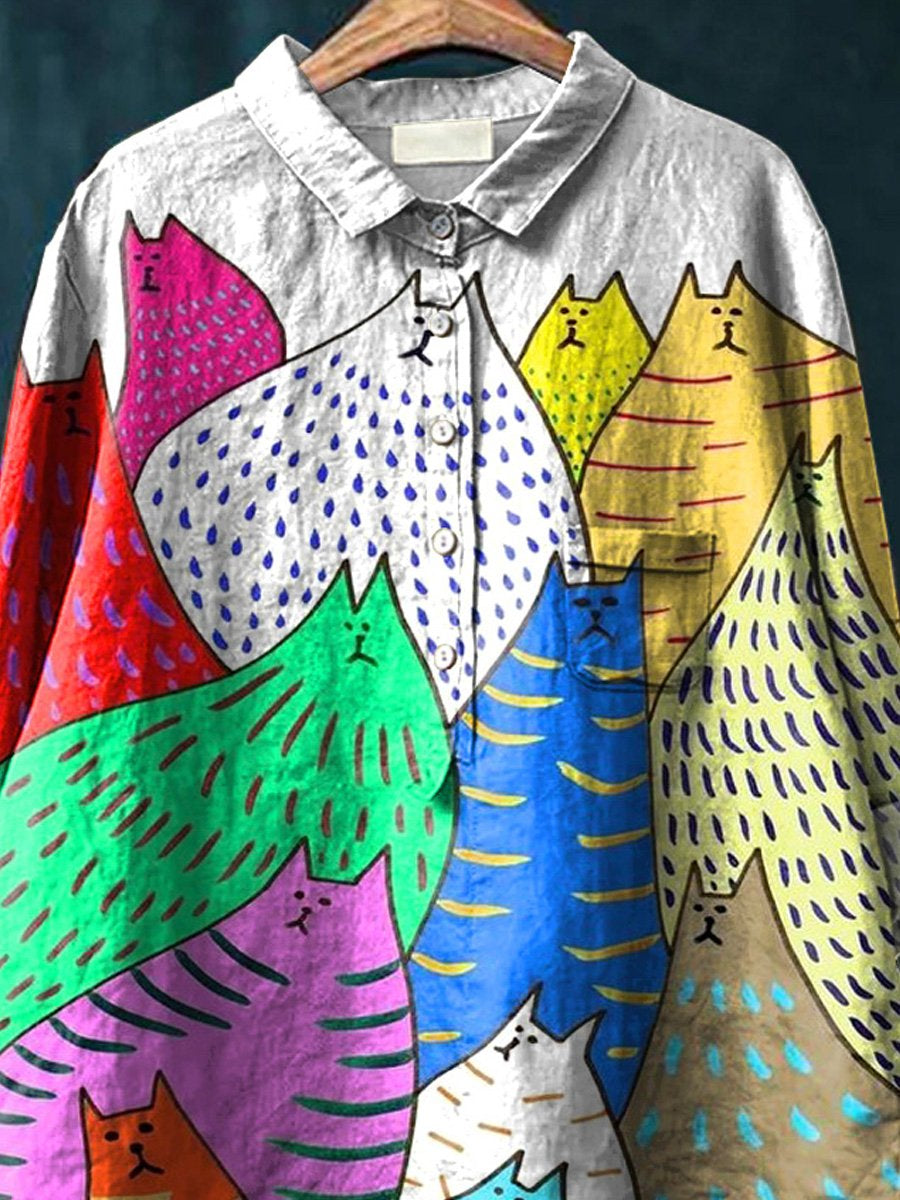 Cartoon Cats Graphic Printed Women's Casual Cotton And Linen Shirt