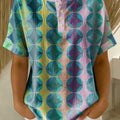 Retro Color-block Patchwork Print Loose-fit Cotton-linen Short-sleeve Shirt