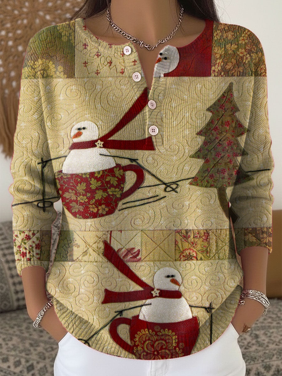 Women's Christmas Snowman Pattern Art Print Buttoned Cardigan Sweater