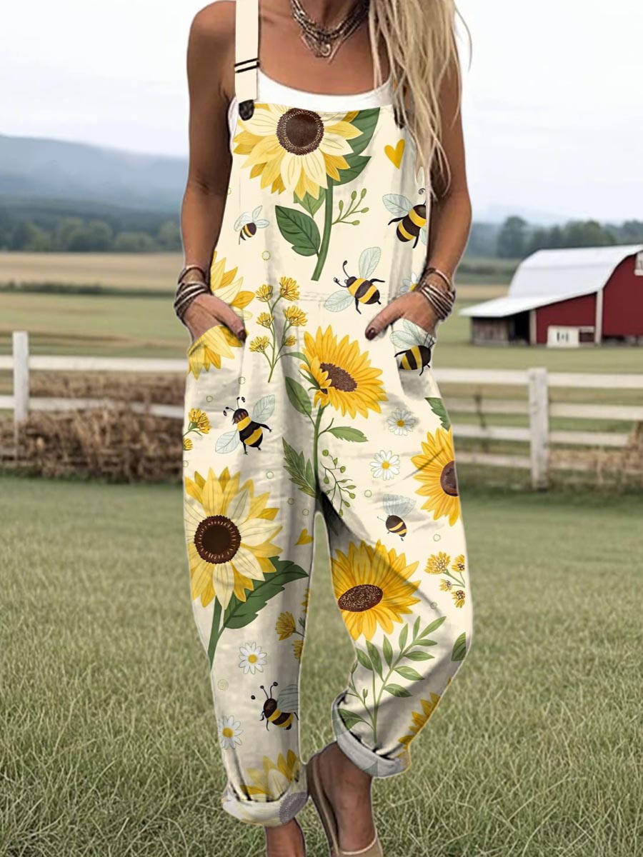 Women's Lovely Sunflower Bees Pattern Art Print Casual 100% Cotton Wide Leg Jumpsuit