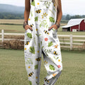 Women's Lovely Floral Bees Art Print Casual 100% Cotton Wide Leg Jumpsuit
