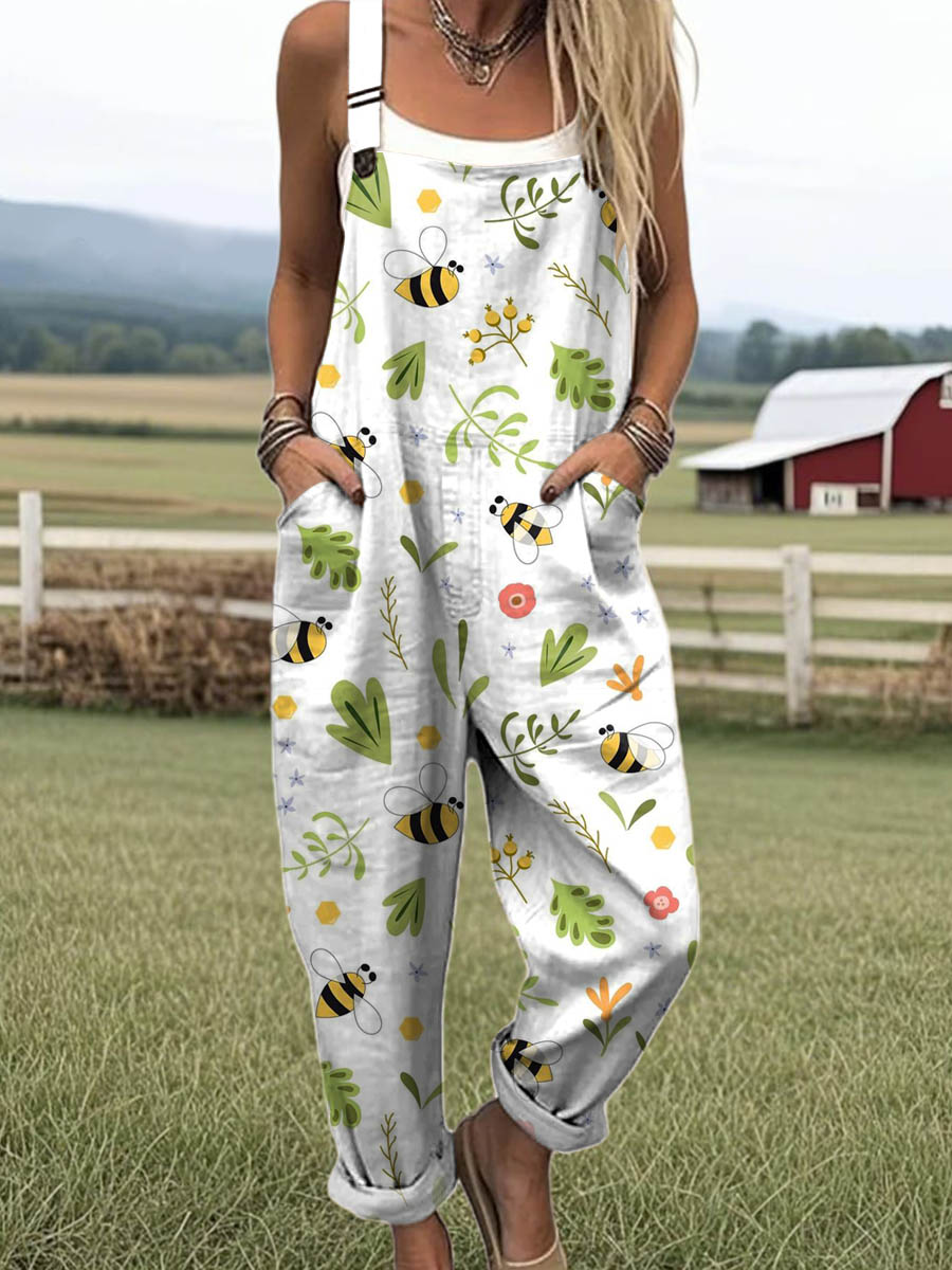 Women's Lovely Floral Bees Art Print Casual 100% Cotton Wide Leg Jumpsuit