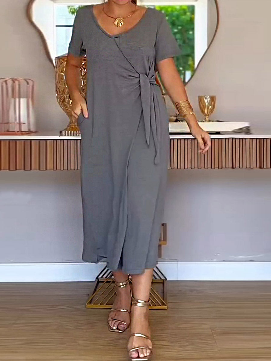 Women's Solid Color Round Neck Short Sleeve Casual Cotton and Linen Wide Leg Jumpsuit