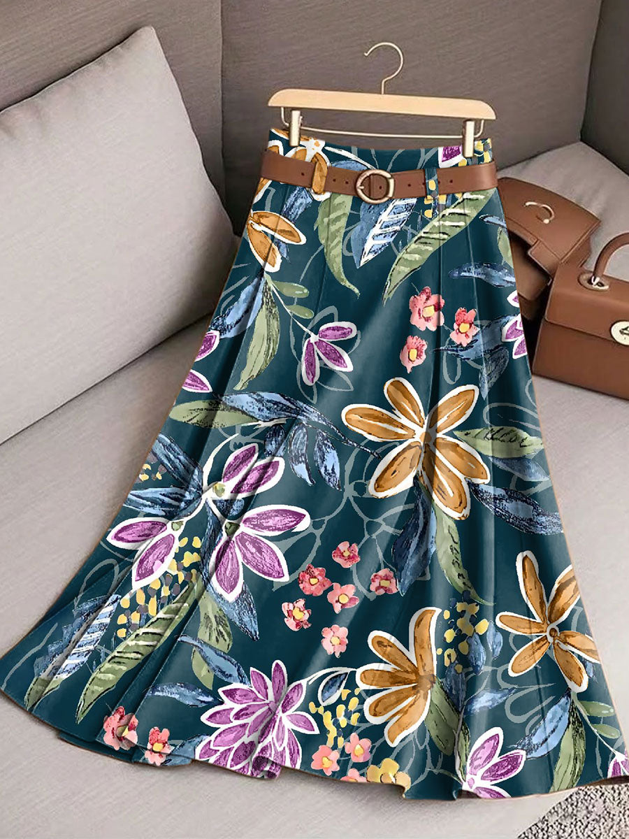 Women's Vintage Flower Art Print Cotton Skirt