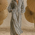 Women's Retro Striped Zip Art Casual Stylish Cotton Long Dress