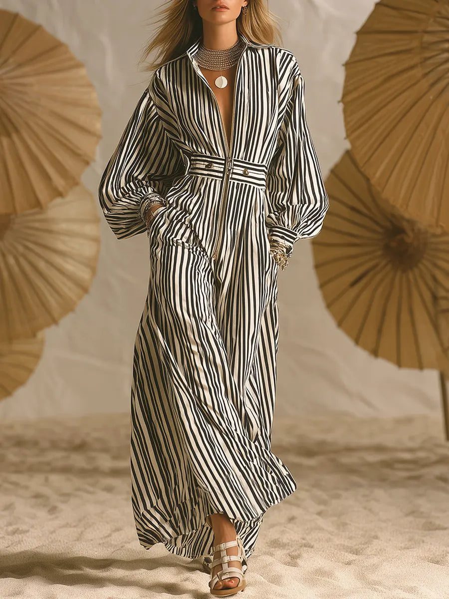 Women's Retro Striped Zip Art Casual Stylish Cotton Long Dress