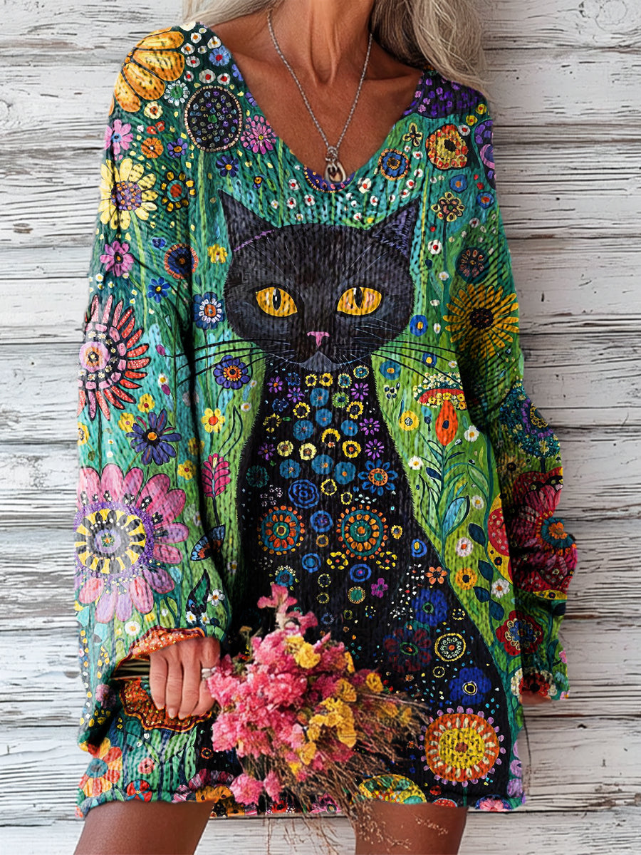 womens-beautiful-abstract-cat-floral-painting-art-print-casual-pullover-sweater