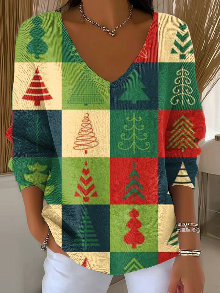 Women's Beautiful And Colorful Winter Christmas Tree Painting Art Print Casual Pullover Sweater