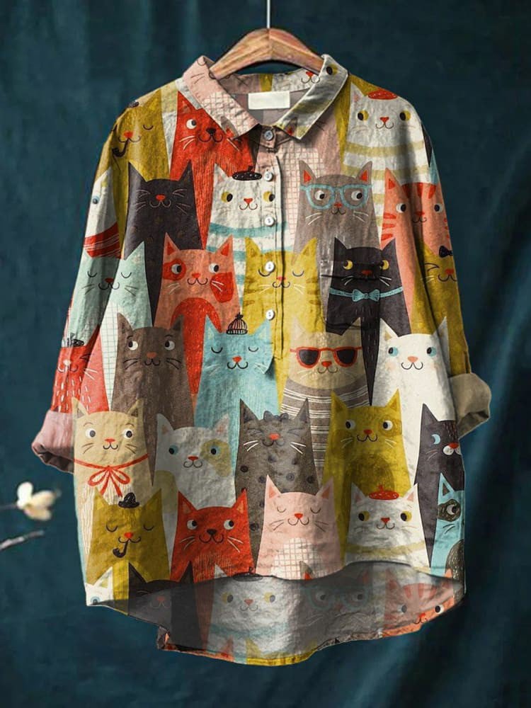 Women's Vintage Cat Print Casual Shirt