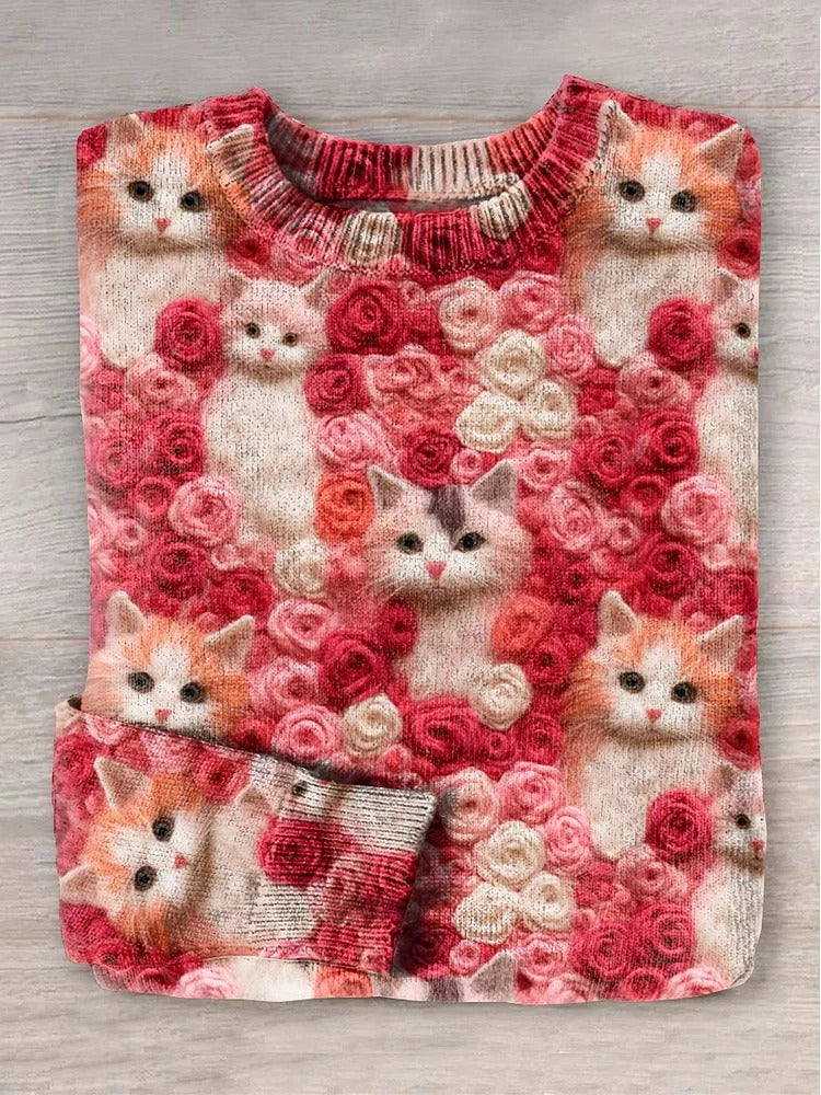 cute-cat-flower-art-print-knit-pullover-sweater