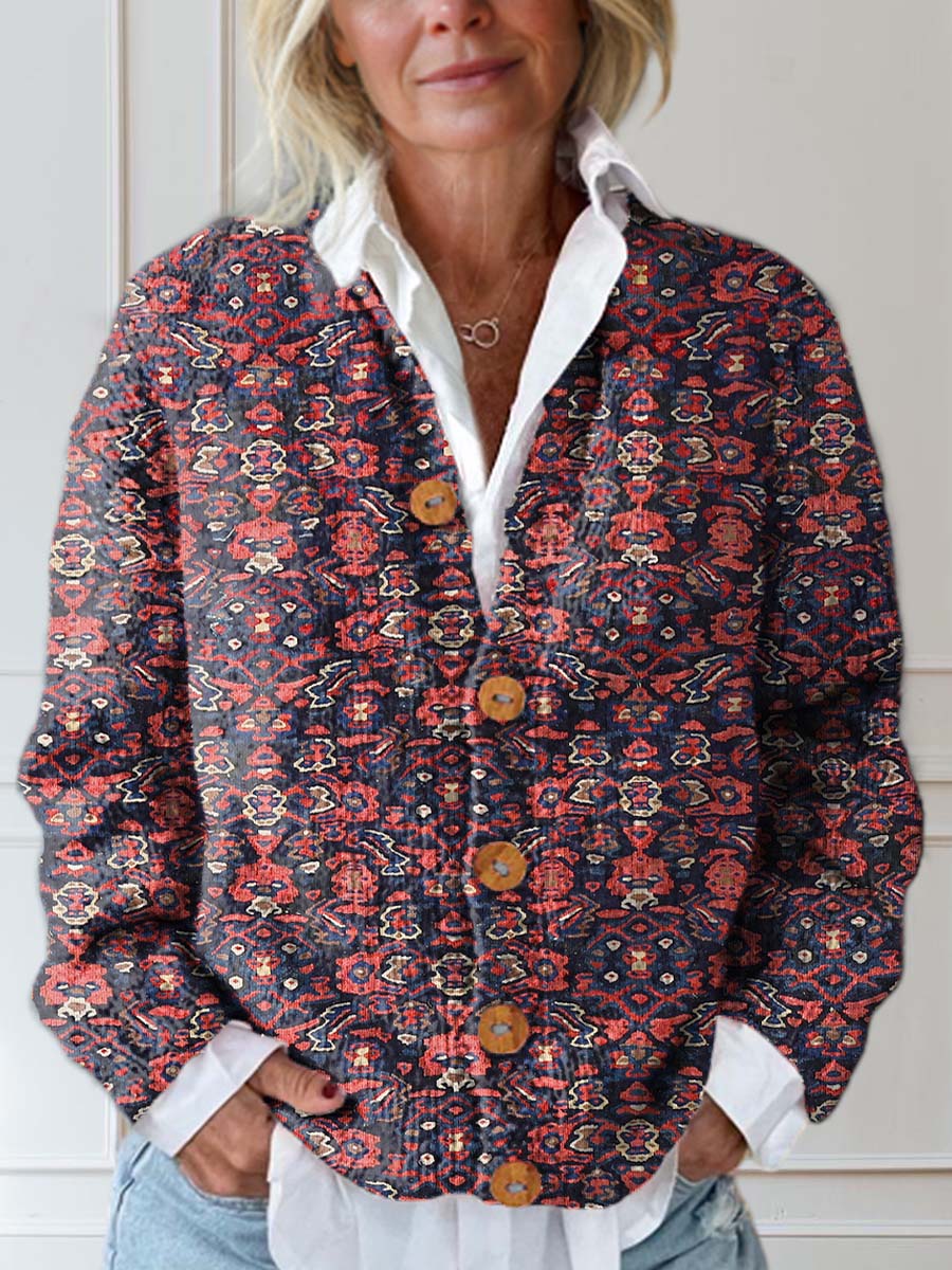 Women's Vintage Floral Art Print Buttoned Cardigan Sweater