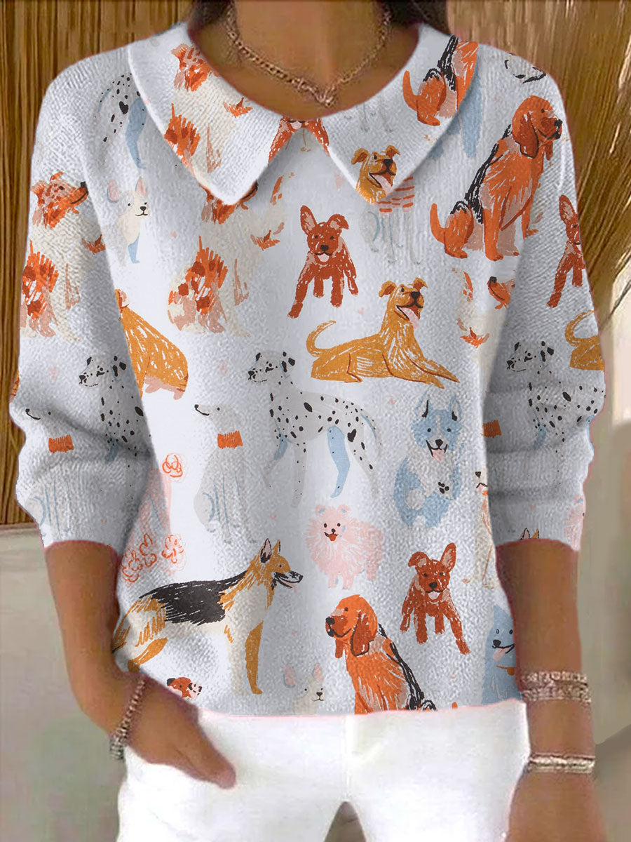 womens-funny-dog-art-print-casual-peter-pan-collar-3-4-sleeve-sweater
