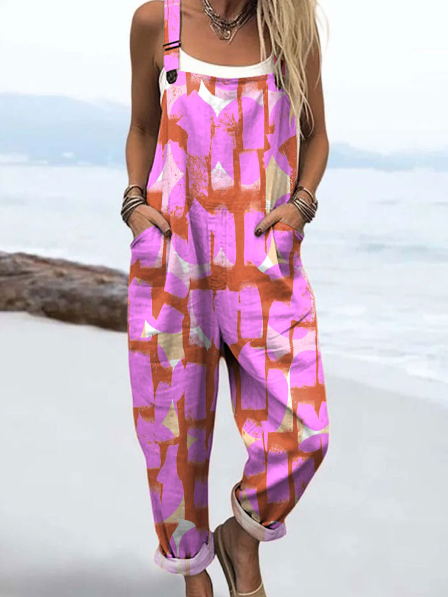 Women's Bright Color Block Abstract Art Print Casual 100% Cotton Wide Leg Jumpsuit
