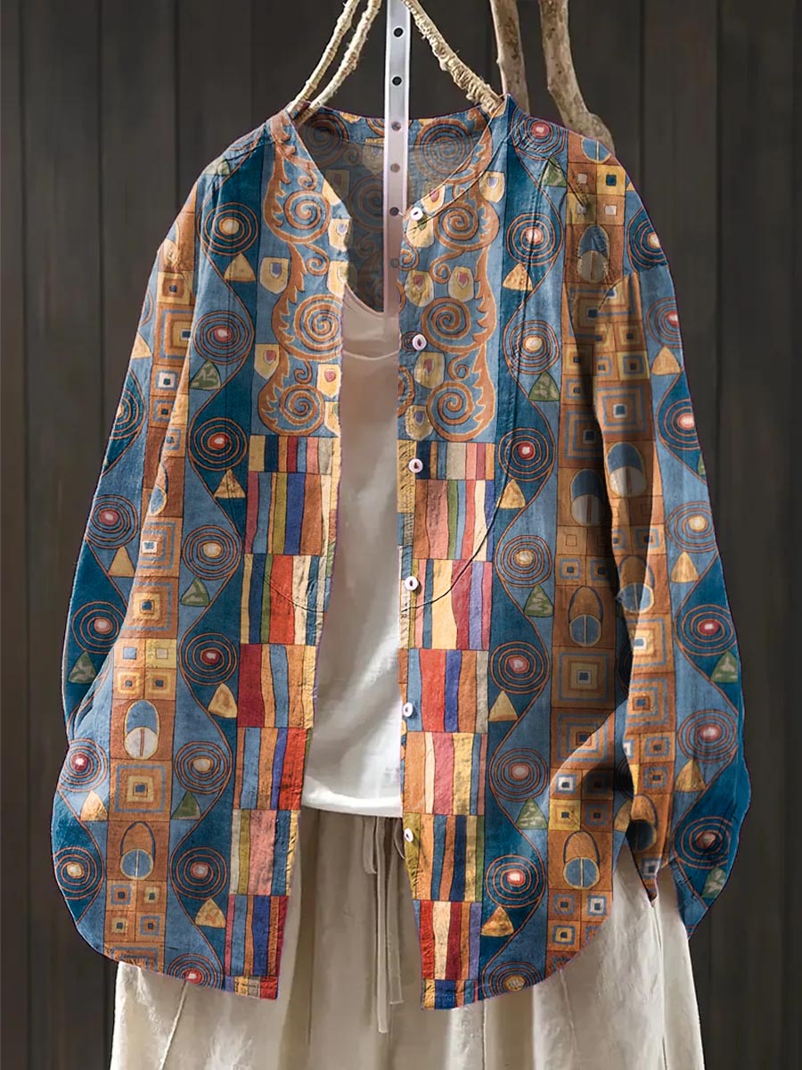 Women's Geometric Pattern Art Print Casual Cotton And Linen Shirt