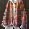 Women's Crew Neck Colorful Abstract Stripe Print Long Sleeve Button Cardigan