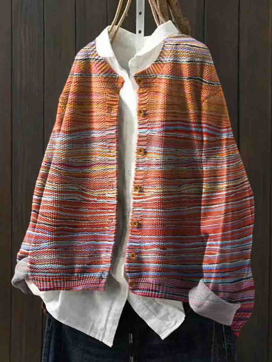Women's Crew Neck Colorful Abstract Stripe Print Long Sleeve Button Cardigan