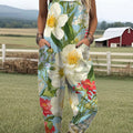 Women's Vintage Flower Art Print Casual 100% Cotton Wide Leg Jumpsuit