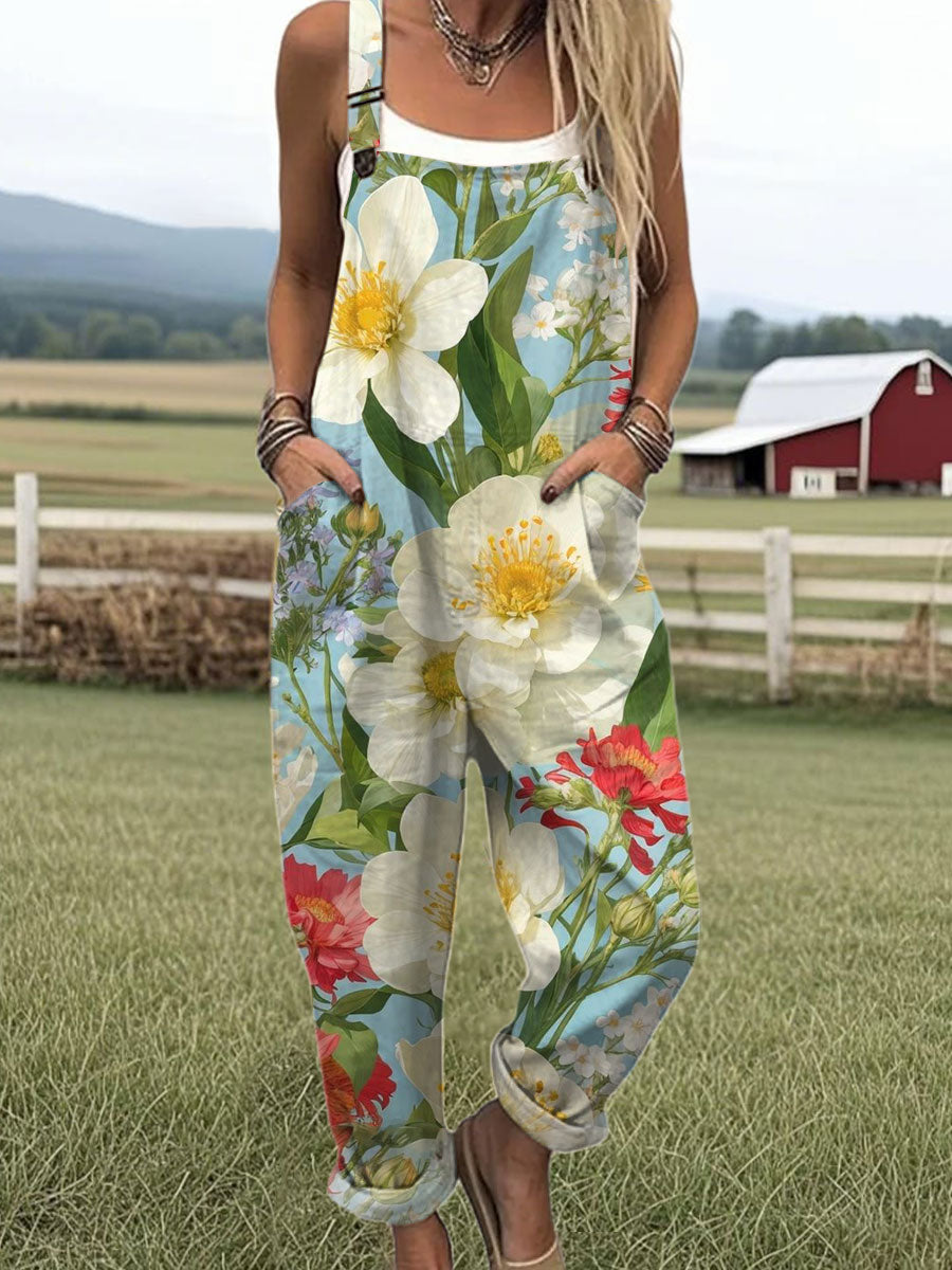 Women's Vintage Flower Art Print Casual 100% Cotton Wide Leg Jumpsuit