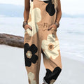 Women's Vintage Large Flower Art Print Casual 100% Cotton Wide Leg Jumpsuit
