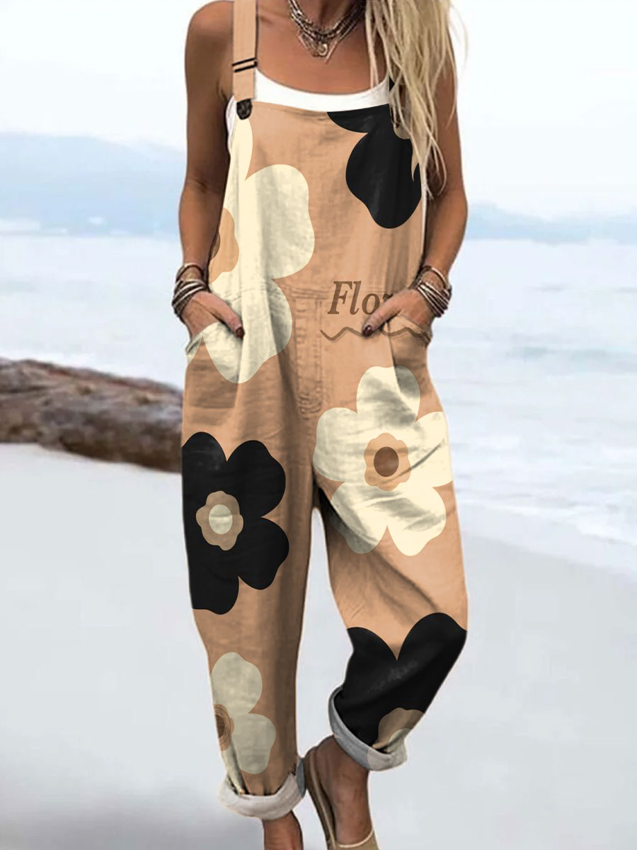 Women's Vintage Large Flower Art Print Casual 100% Cotton Wide Leg Jumpsuit