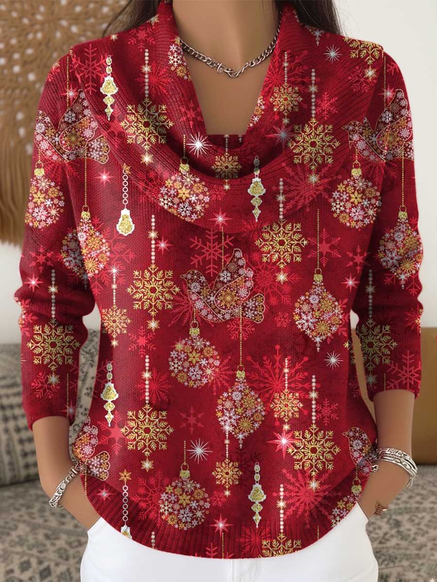Women's Christmas Snowflake Pattern Art Print Cowl Neck Sweater