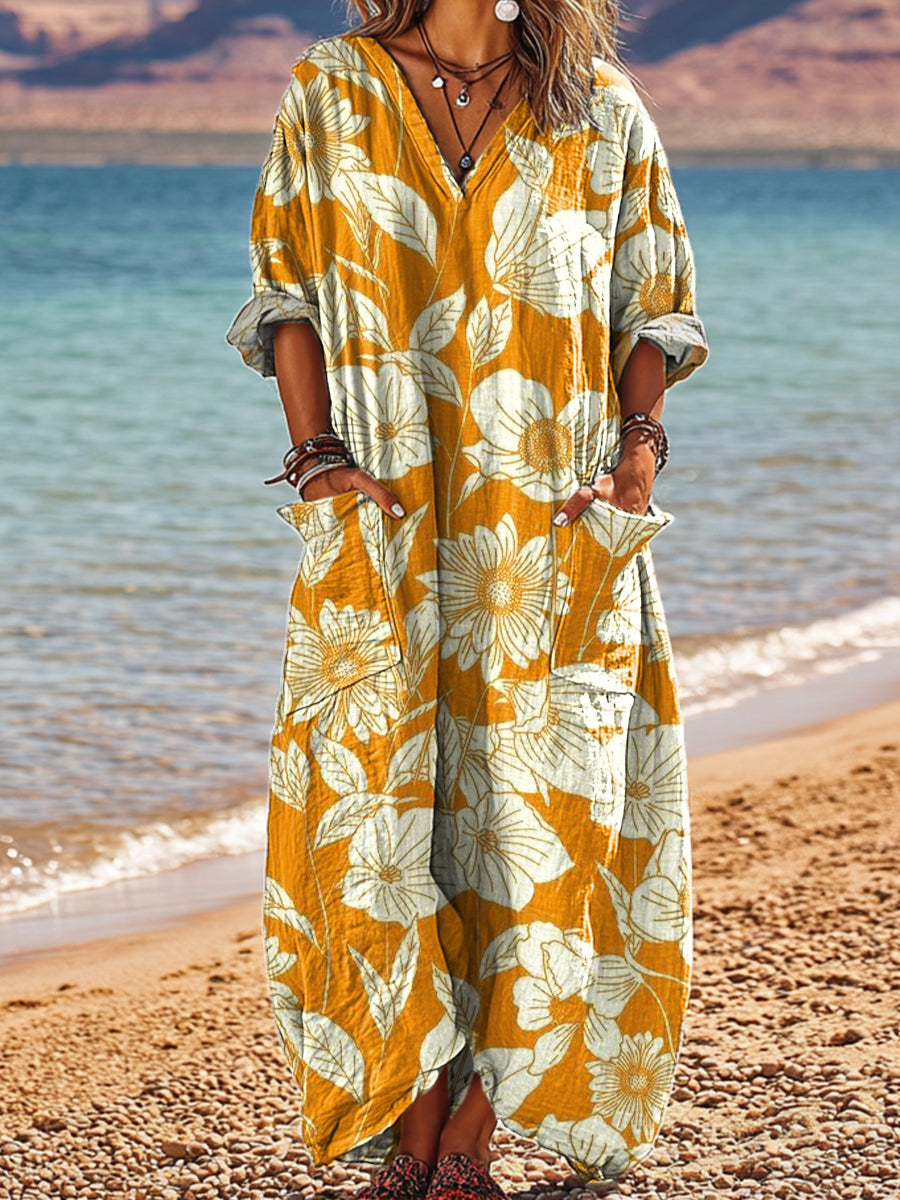 Women's Beautiful Large Flower Painting Art Print Pocket V-neck Cotton Dress