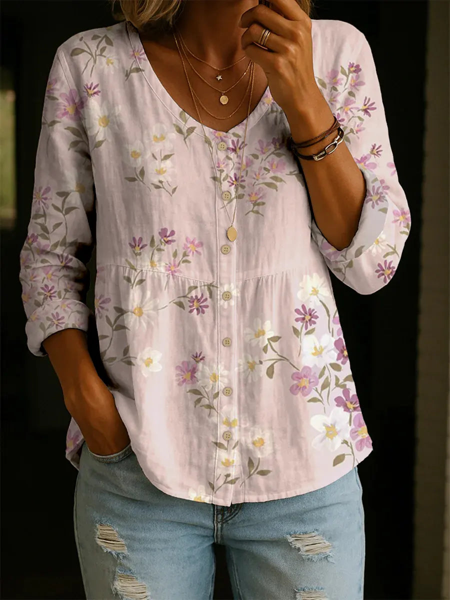 Women's Flower Art Print Casual Cotton Shirt