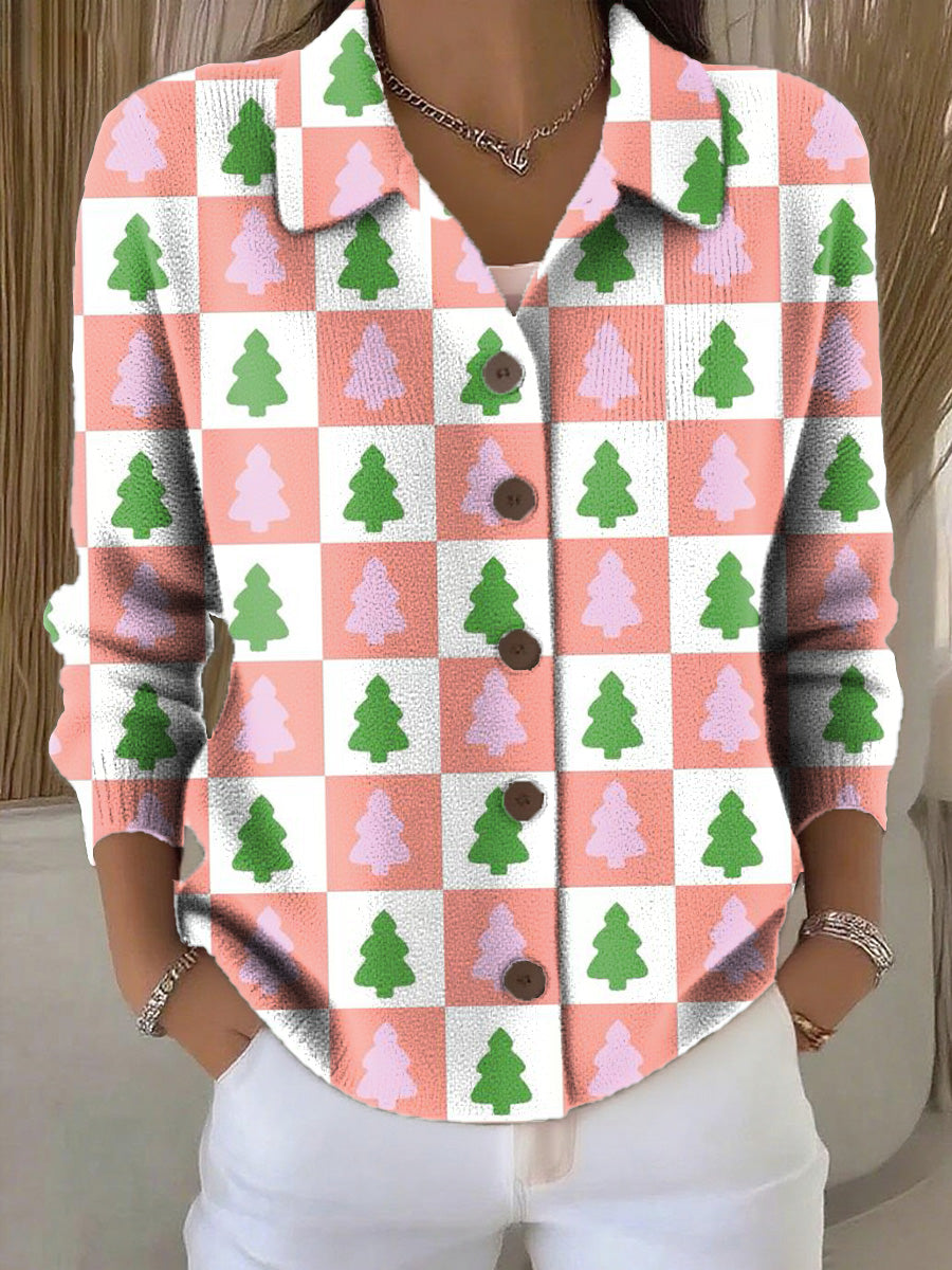 Women's Christmas Tree Plaid Painting Art Print Cowl Neck Sweater