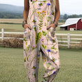 Women's Lovely Floral Bees Art Print Casual 100% Cotton Wide Leg Jumpsuit