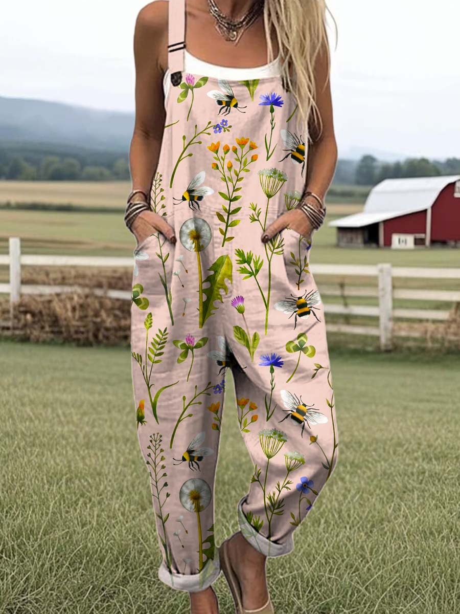 Women's Lovely Floral Bees Art Print Casual 100% Cotton Wide Leg Jumpsuit