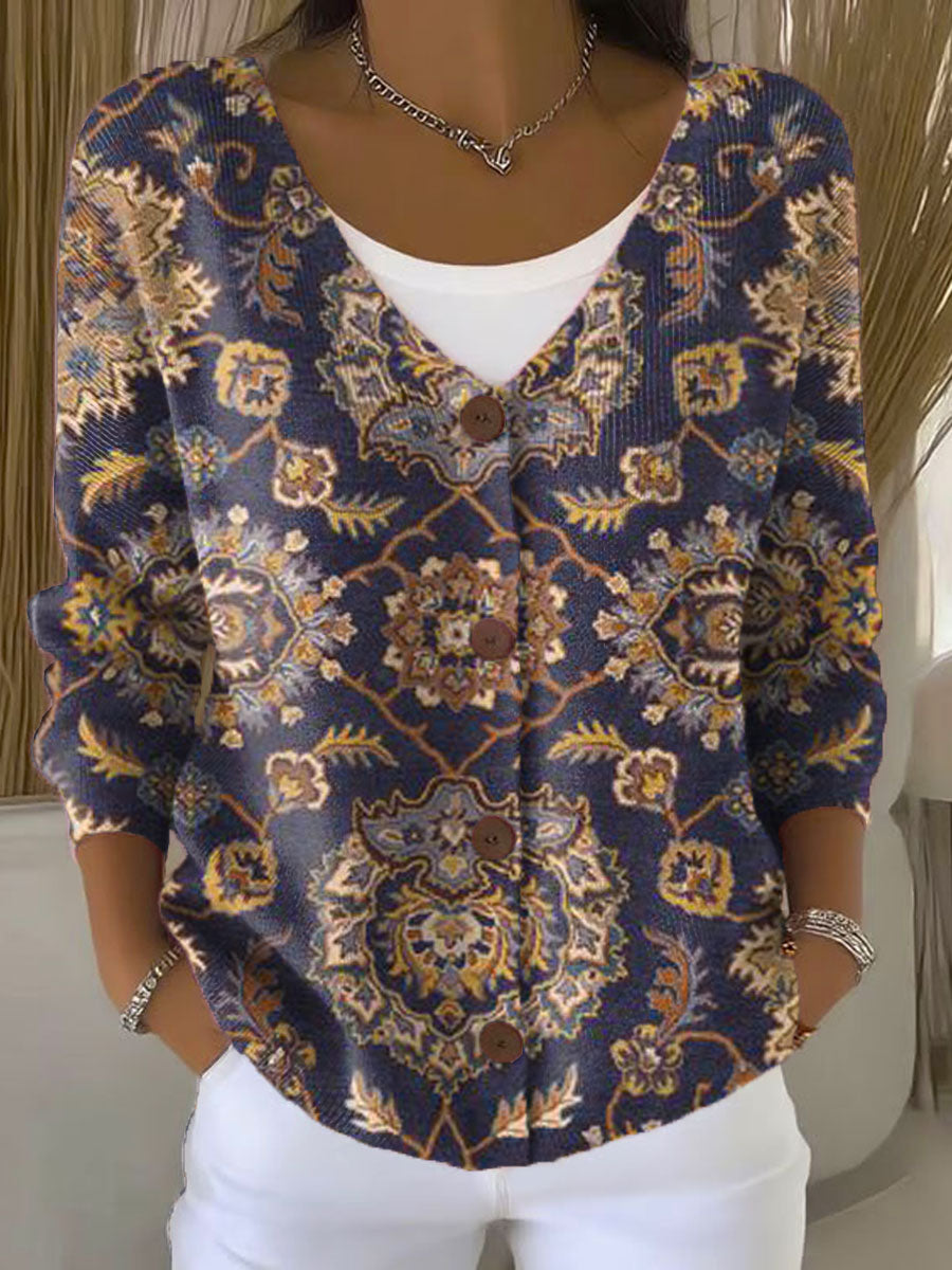 Vintage Flower  Art Print Buttoned V-neck Cardigan Sweater