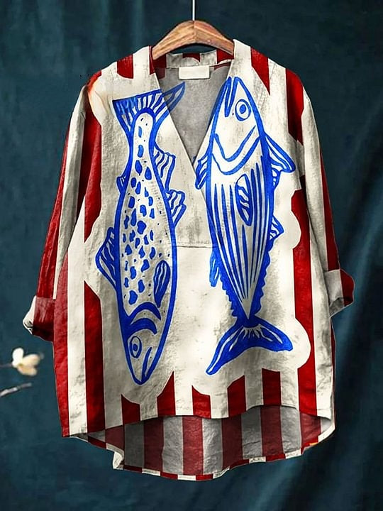 Women's Vintage Fish Sardines Art Print Casual Cotton And Linen V-neck Shirt