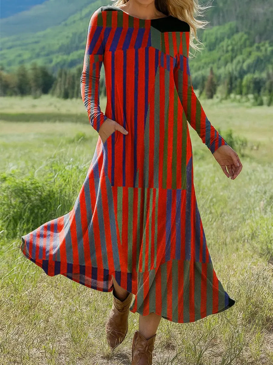 Women's Vintage  Abstract Geometry Art Print Long-sleeved Dress