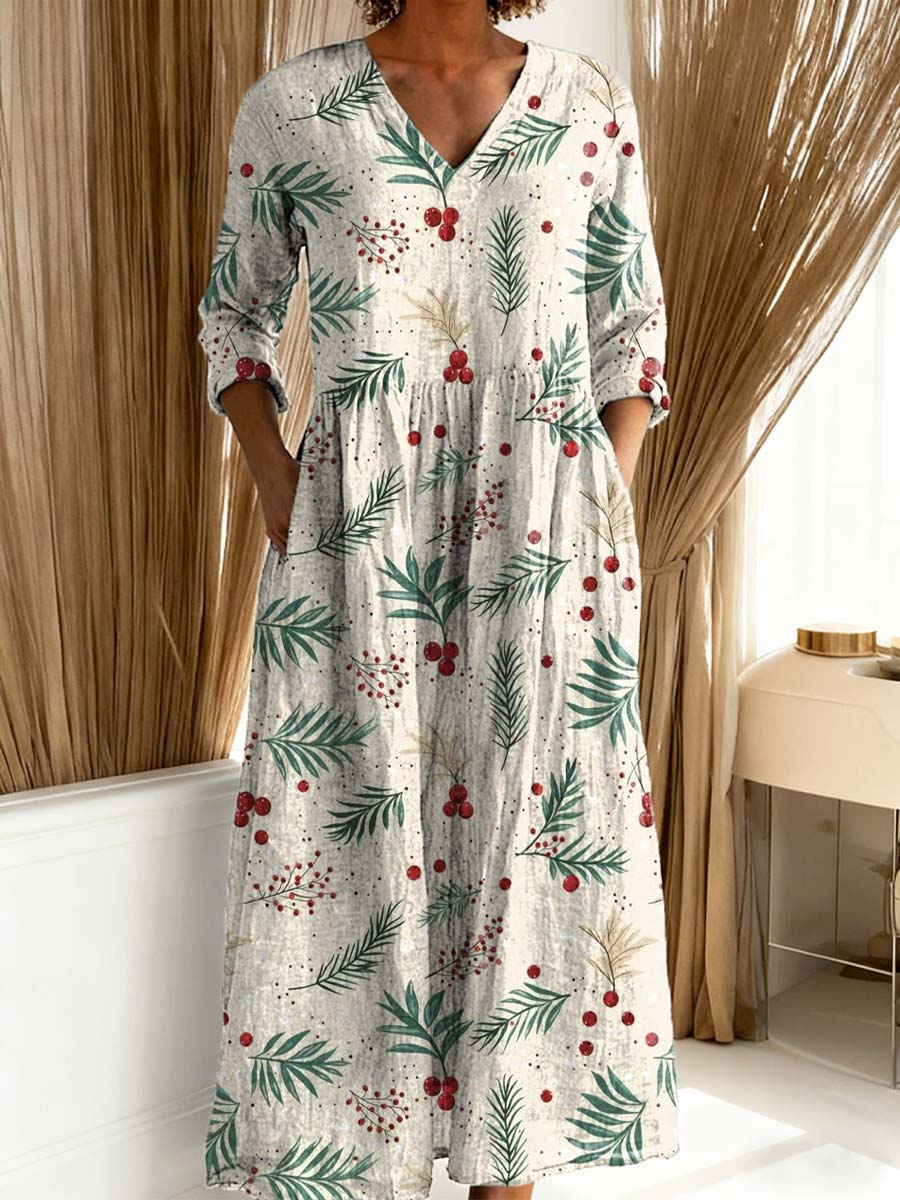 Women's Christmas Floral Art Print Casual Cotton Linen Pocket Dress