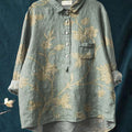 Chemise décontractée en coton et lin à imprimé floral vintage pour femme 
