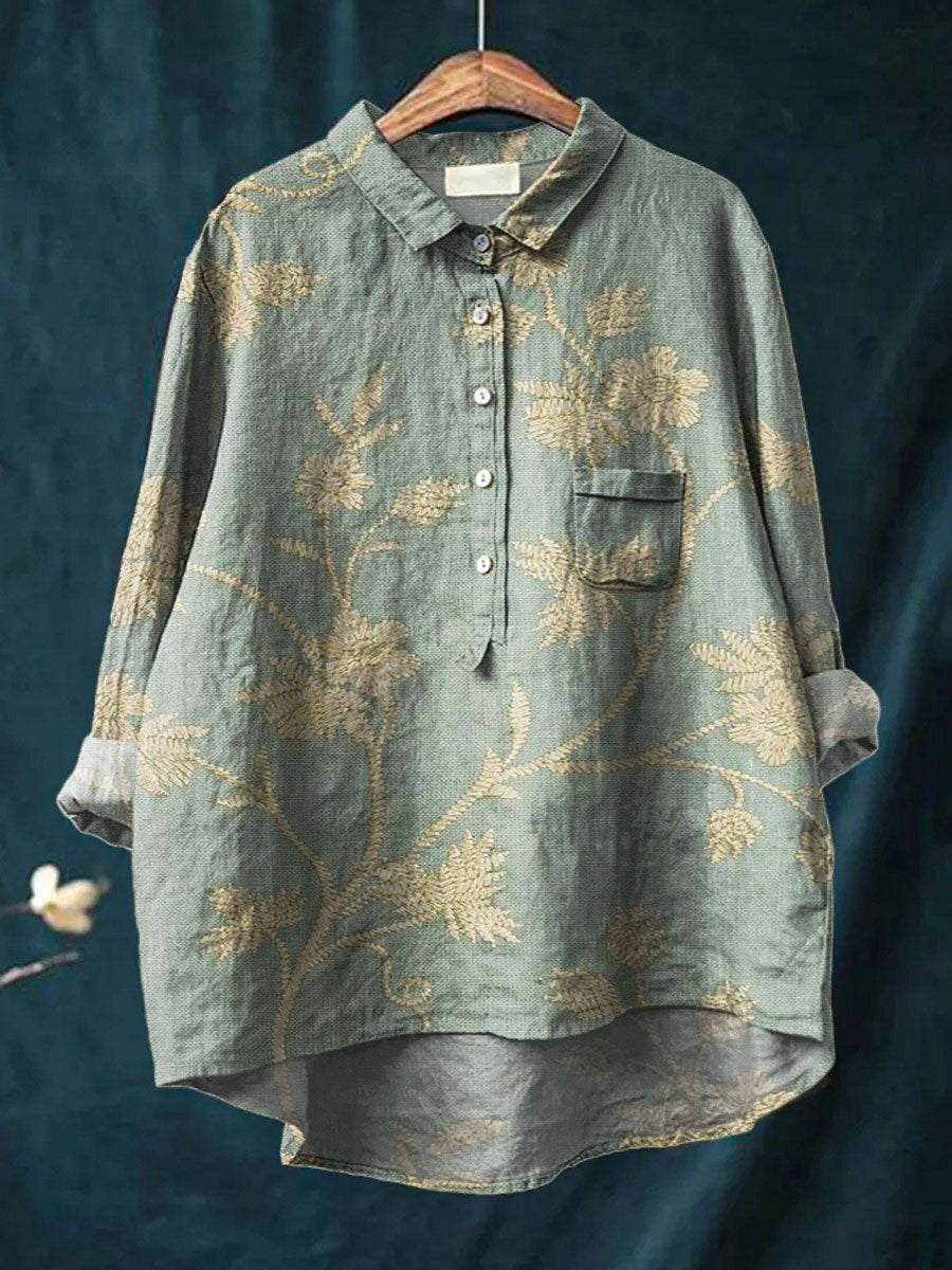 Women's Vintage Floral Art Print Casual Cotton And Linen Shirt