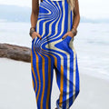 Women's Color Block Line Art Print Casual 100% Cotton Wide Leg Jumpsuit