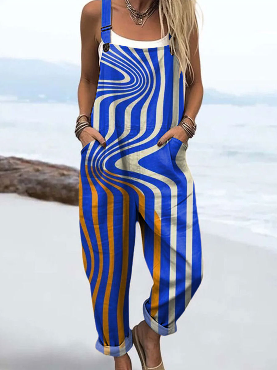 Women's Color Block Line Art Print Casual 100% Cotton Wide Leg Jumpsuit